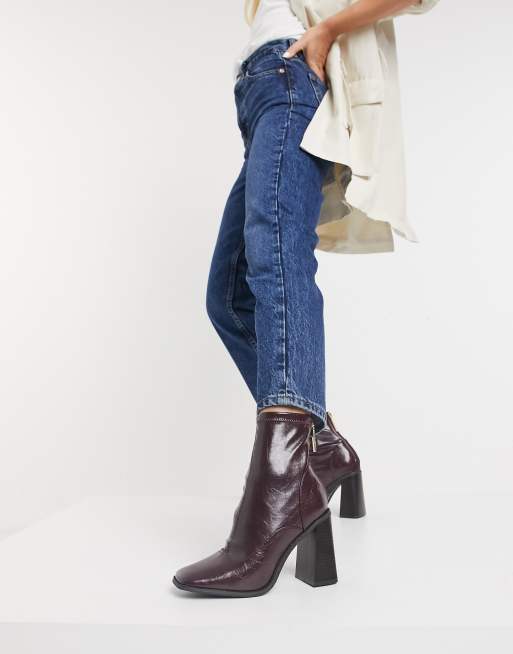River Island patent heeled sock boot in dark red