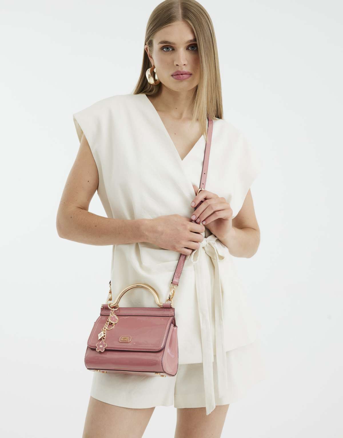 River Island Patent metal handle mini tote bag in pink - medium