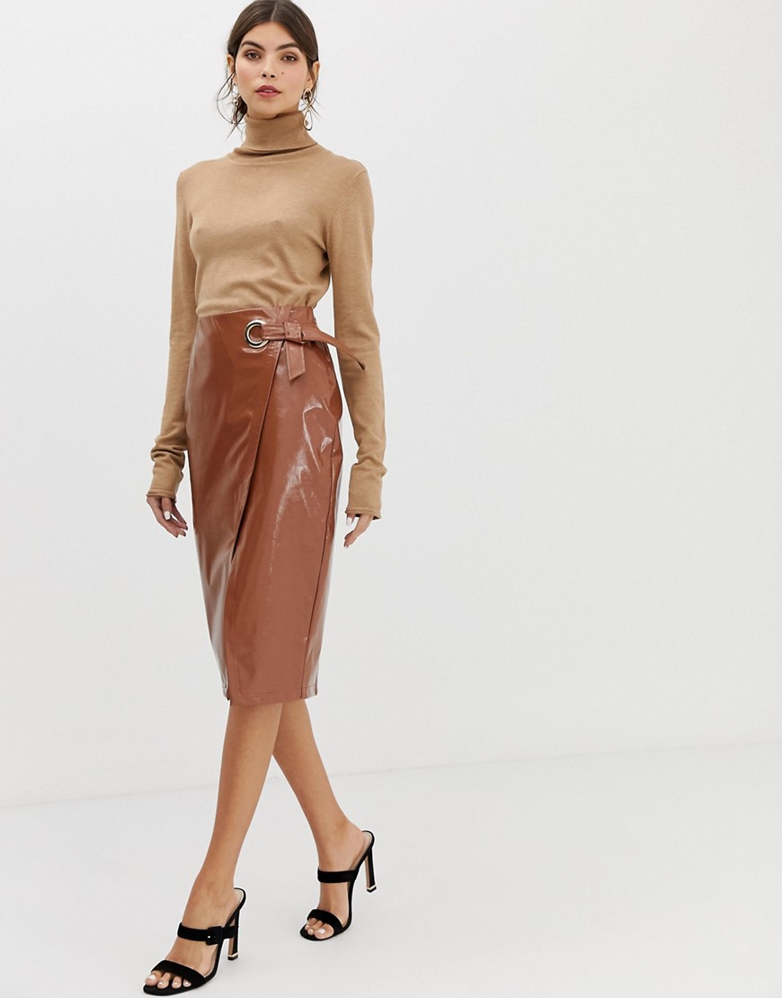 River Island patent midi skirt with wrap detail in tan