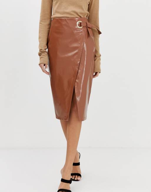 Tan wrap shop midi skirt