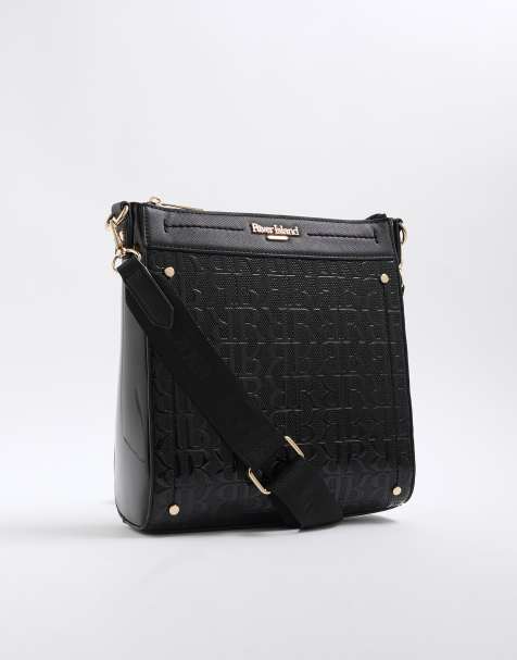 River Island Patent monogram messenger bag in black - view 1