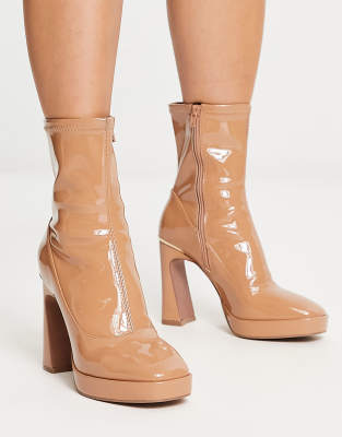 River Island Patent Sock Boots In Light Brown