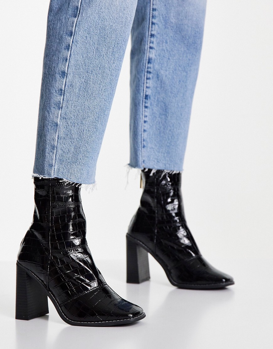 River Island Patent Square Toe Heeled Sock Boots In Black | ModeSens