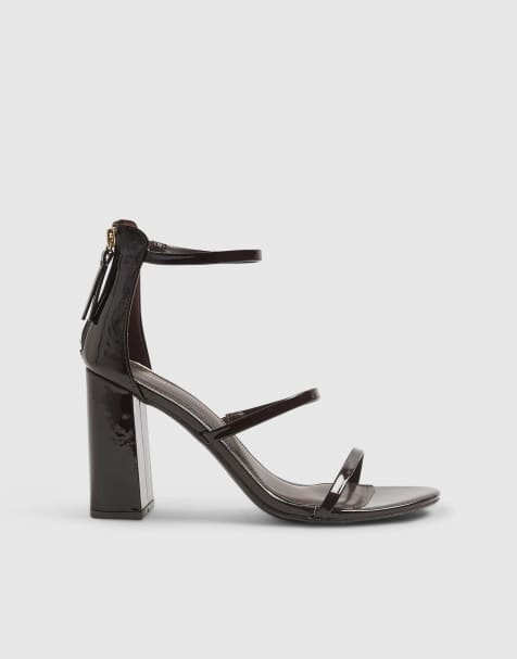 River Island Patent triple strap block heel sandals in dark brown - view 1
