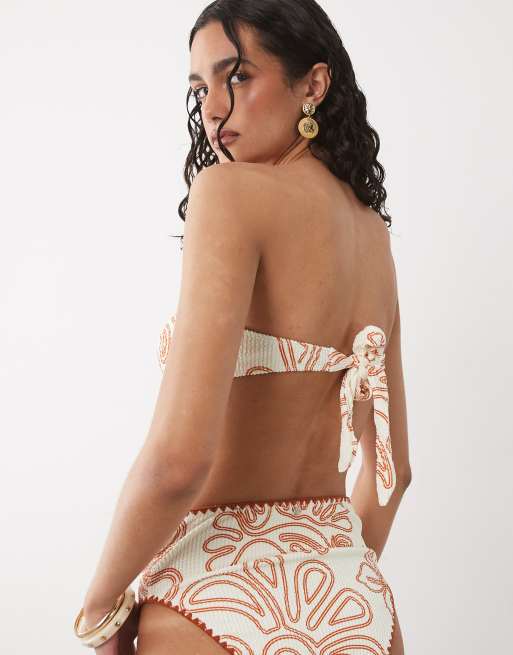 River Island patterned textured bandeau bikini top in orange, 3 of 4