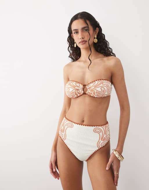 River Island patterned textured bandeau bikini top in orange, 4 of 4