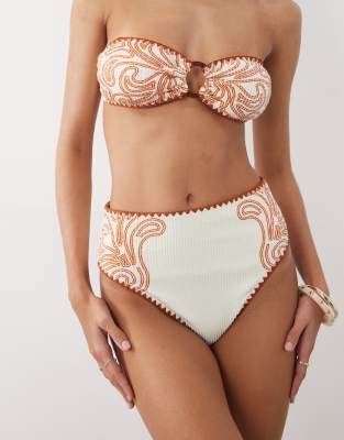 River Island Patterned Textured Bikini Bottom In Orange
