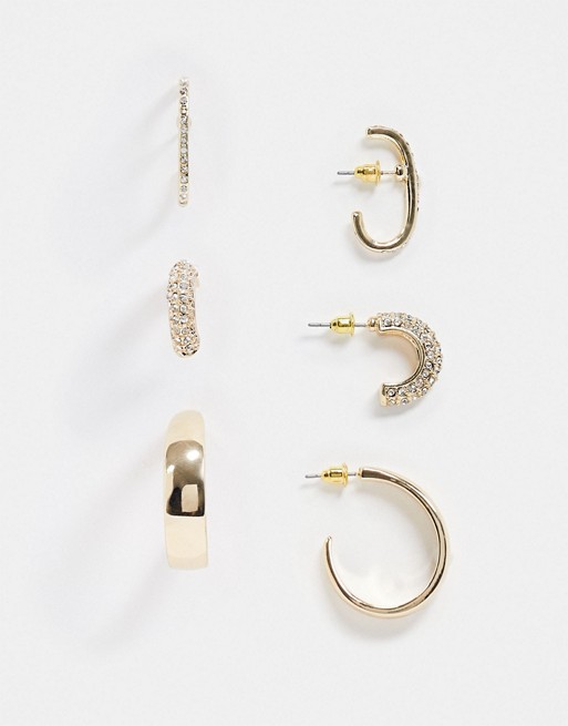 River Island pave bar stud and hoop multipack earrings in gold