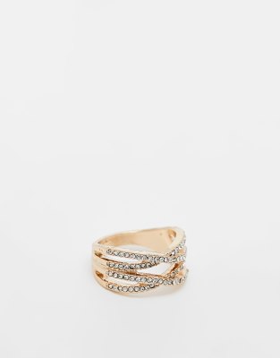 River Island Pave Diamante Crossover Ring In Gold