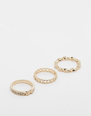River Island pave twist and chain ring 3 pack in gold