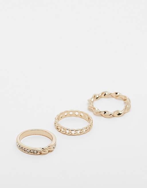 River Island pave twist and chain ring 3 pack in gold