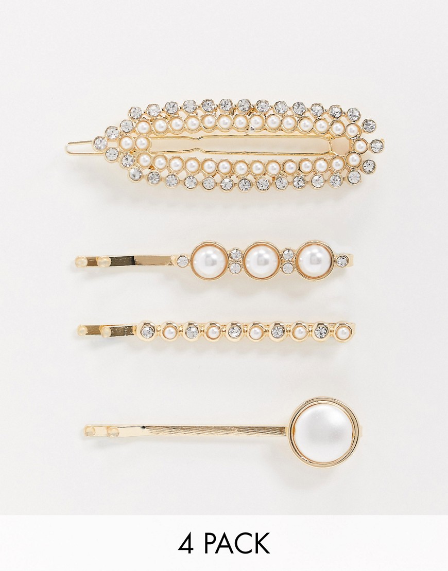 River Island pearl and diamante multipack hair slides in gold-Yellow