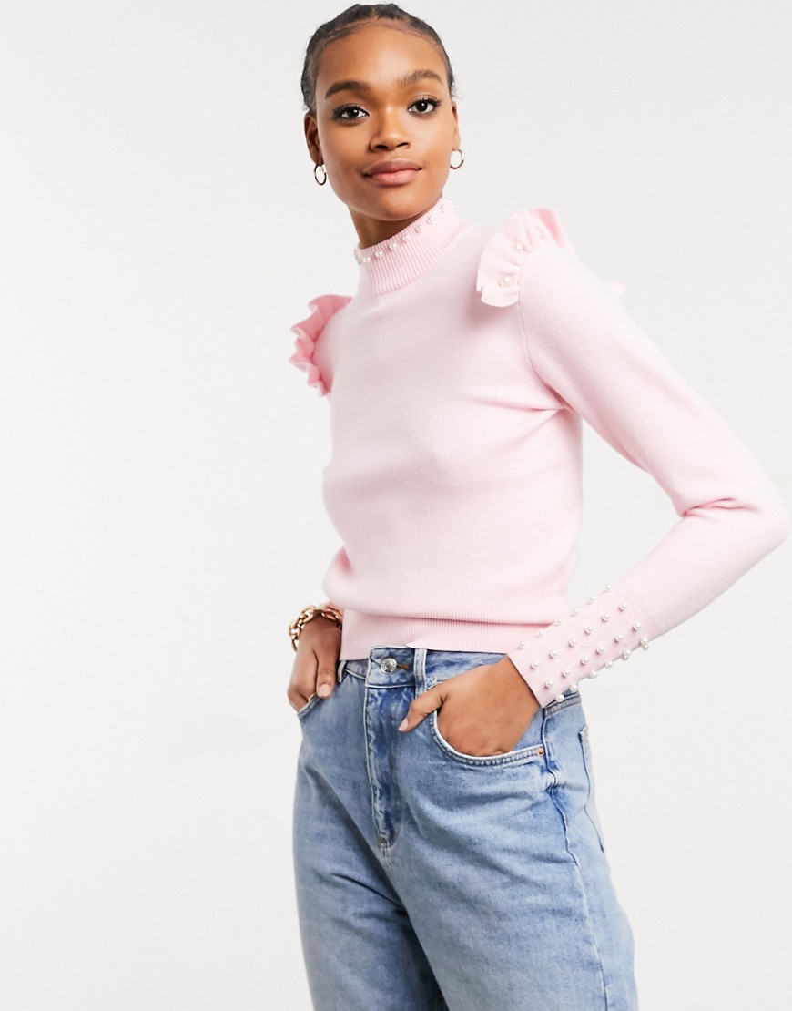 River Island pearl and frill jumper in light pink
