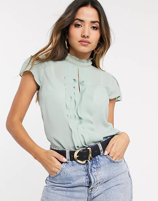 River Island pearl detail frill top in sage | ASOS