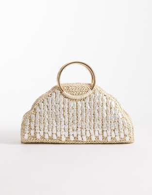 River Island Pearl Detail Raffia Handle Bag In Neutral