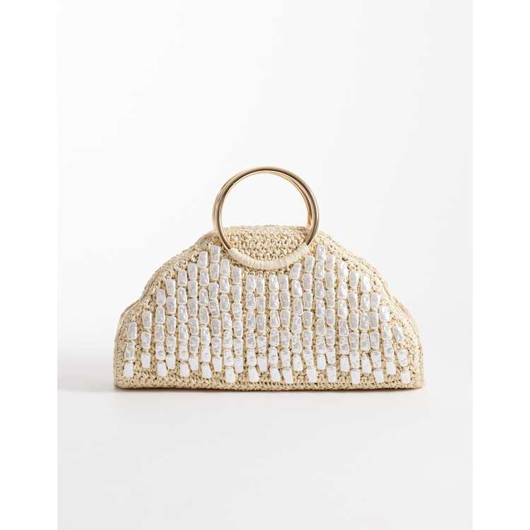 River Island pearl detail raffia handle bag in cream | ASOS