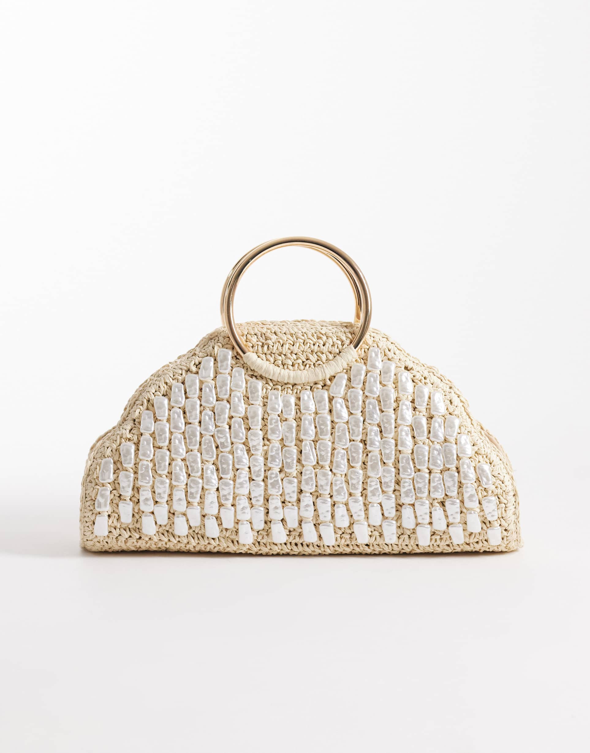 river island pearl detail raffia handle bag in cream