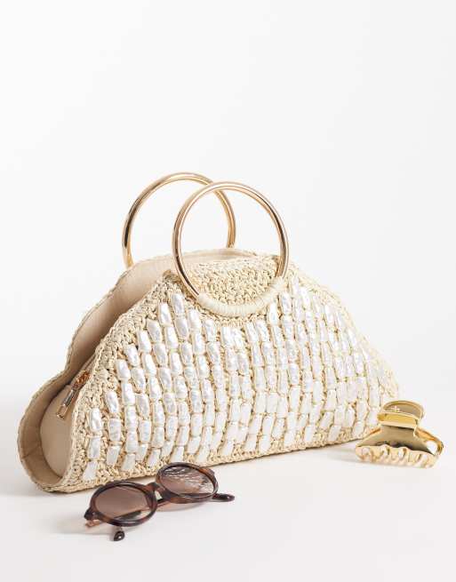 River Island pearl detail raffia handle bag in cream | ASOS