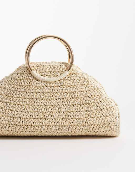 River Island pearl detail raffia handle bag in cream | ASOS