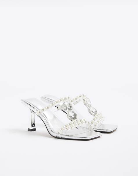River Island Pearl diamante heeled sandals in silver - view 1