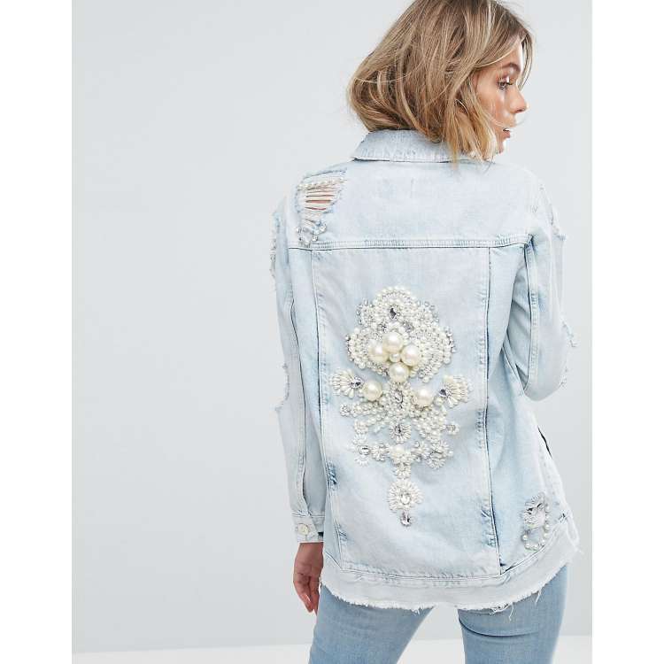 I Do Pearl Embellished Light Wash Denim Jacket - Blooming Daily