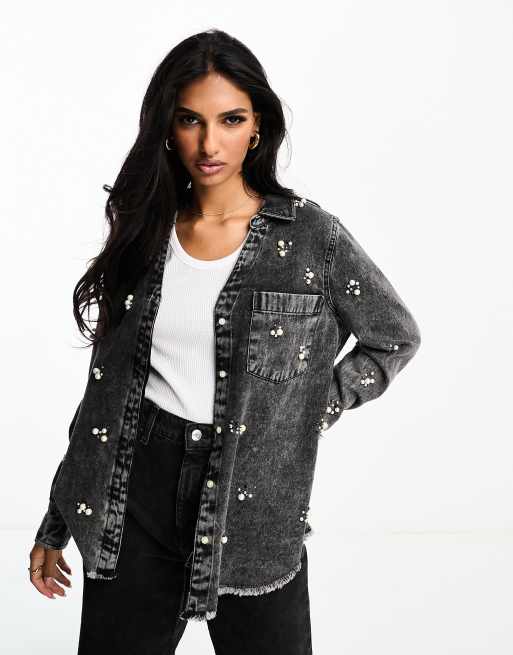 Pearl embellished 2025 denim shirt