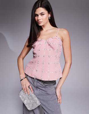 River Island Pearl Embellished Top In Pink