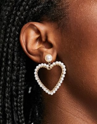 River Island pearl heart drop earrings in gold tone