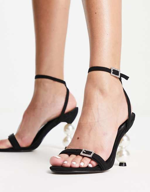 River Island pearl heel strappy heeled sandals in black | ASOS