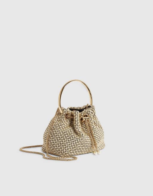 River Island Pearl mesh droplet clutch bag in gold, 2 of 4