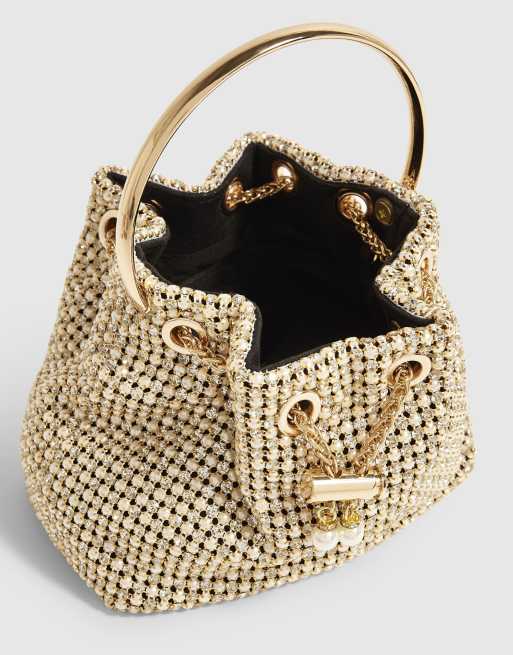 River Island Pearl mesh droplet clutch bag in gold, 3 of 4