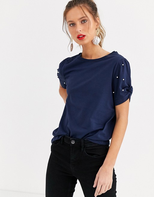 River Island pearl sleeve t-shirt in Navy