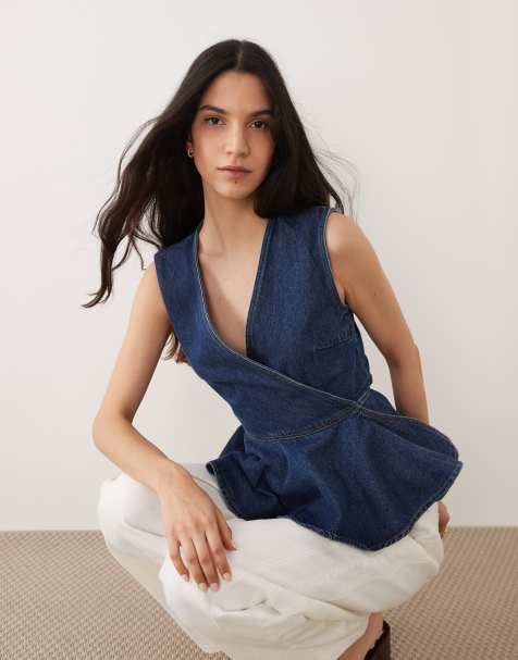 River Island - Peplum-denimtop med bindebånd i medium denim - view 1