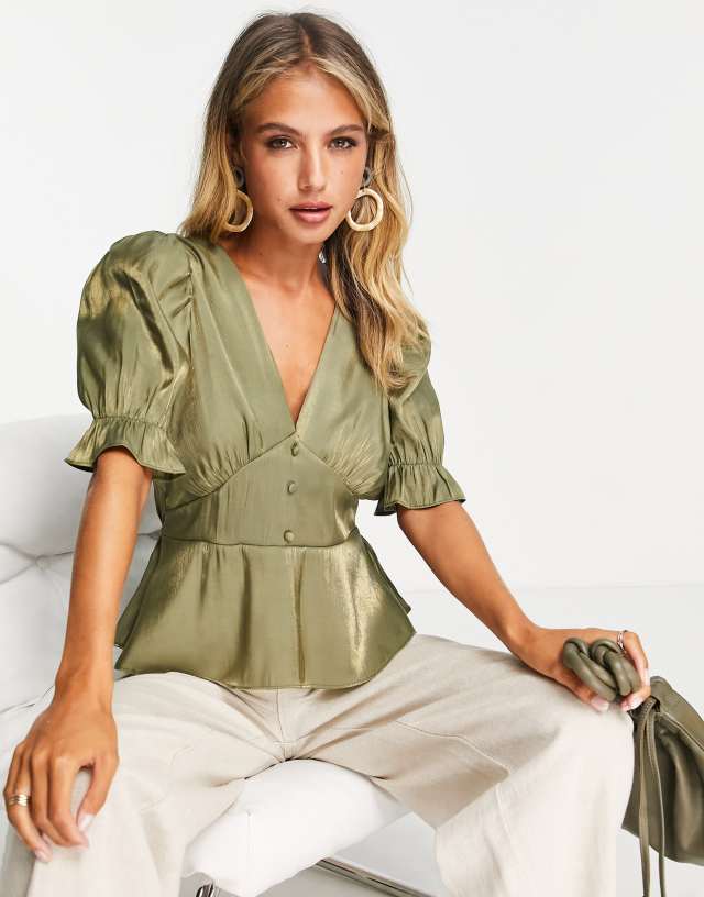 River Island peplum detail satin top in khaki