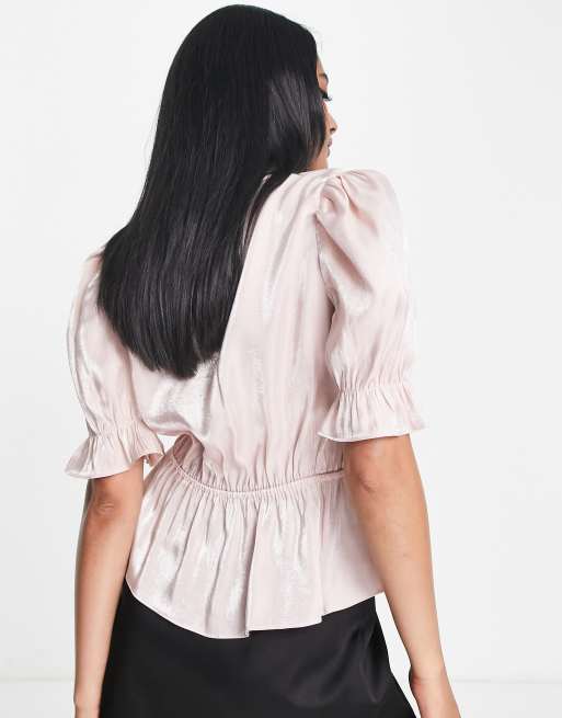 Haut D'été Femme River Island Rose Pailleté - Style Péplum évasé, Manches Courtes, Taille UK 10