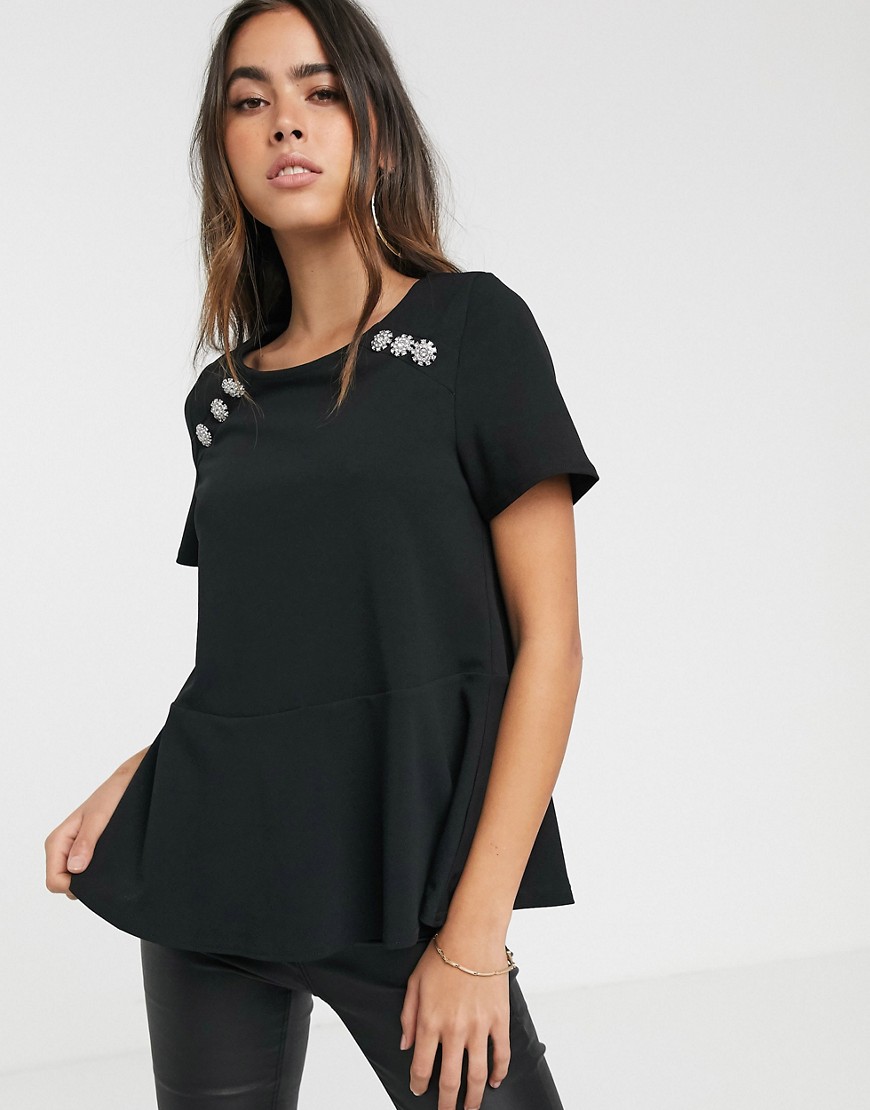 River Island peplum top with button shoulder detail in black