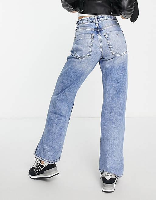 Women River Island Petite 90's straight cut split hem jeans in light blue 