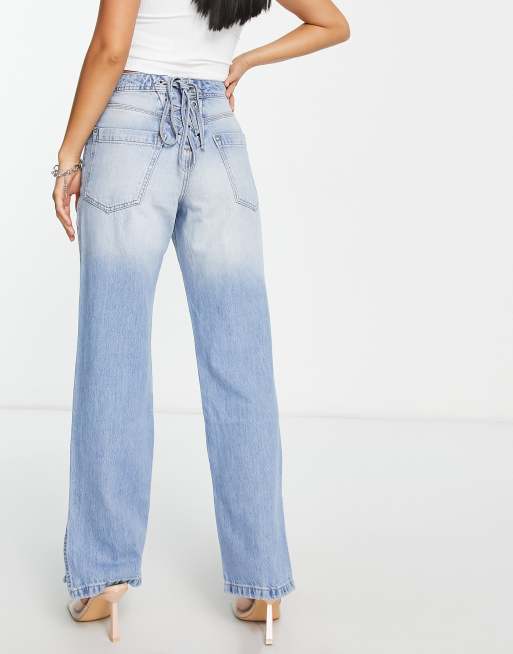 River Island Petite 90s straight jean with lace up back detail in