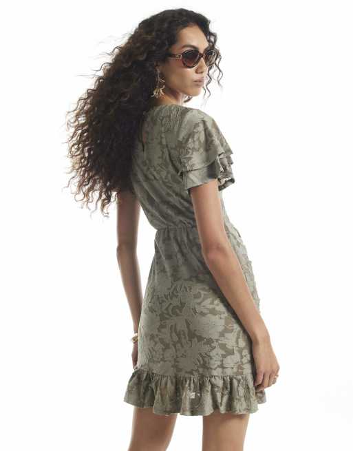 River Island Petite Angel sleeve mini dress in khaki, 4 of 4