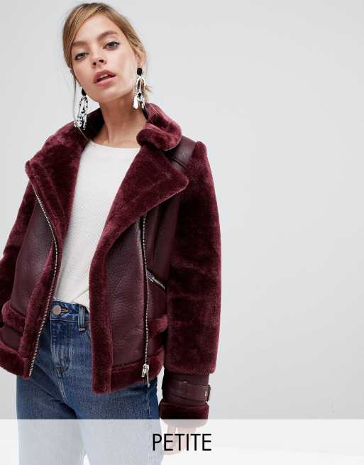 River Island Petite aviator jacket in berry