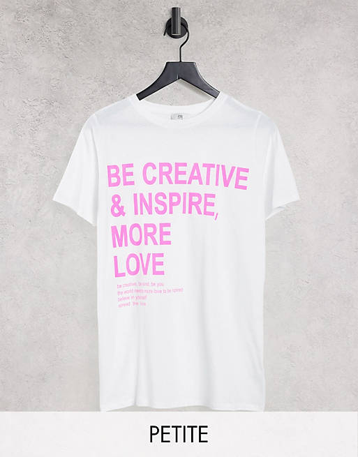 River Island Petite Be Creative slogan oversized jumbo t-shirt in white