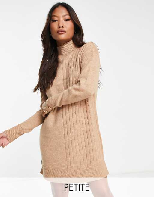 River Island Petite – Beige tröjklänning i minilängd med ribbad panel