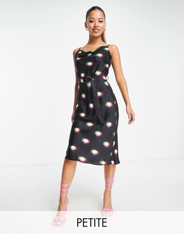 River Island Petite belted cowl neck midi slip dress in black spot print