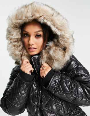 River Island monogram padded belted jacket with faux fur hood in brown