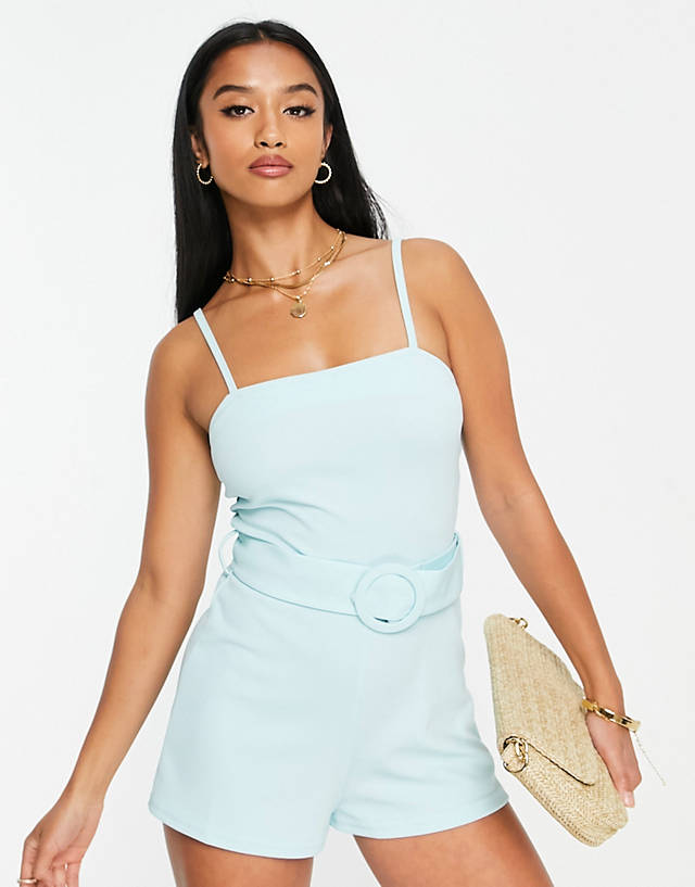 River Island Petite - belted playsuit in light blue