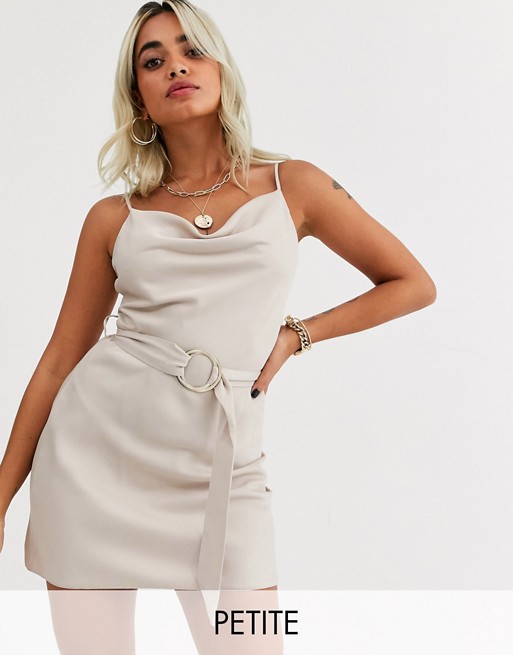 River Island Petite belted slip dress with cowl neck in stone