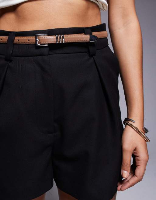 River Island Petite belted tailored shorts in black, 3 of 5