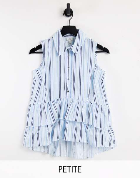 River Island Petite - Blå skjorte uden ærmer med striber og flæsekant - view 1