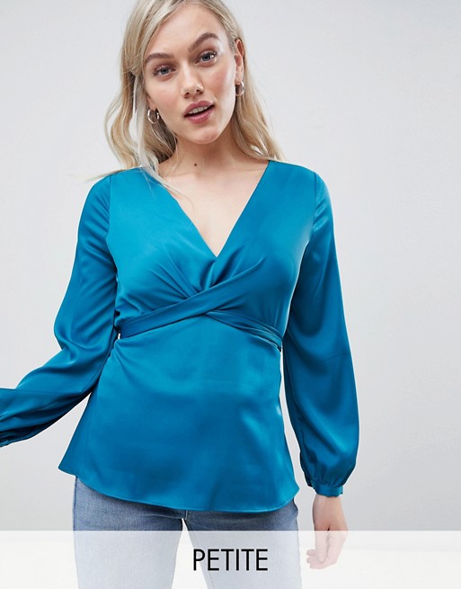 River Island Petite blouse with wrap detail in teal