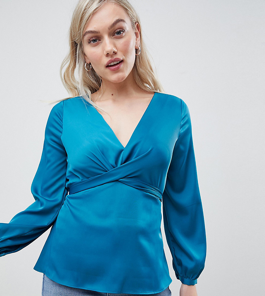 River Island Petite blouse with wrap detail in teal-Blue